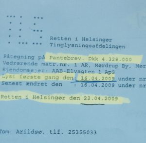 16-04-2009 tinglyser jyske bank gæld til Nykredit på 4.328.000 kr. Uden der findes nogle byrder, eller at der overhoved findes et gyldigt tilbud 