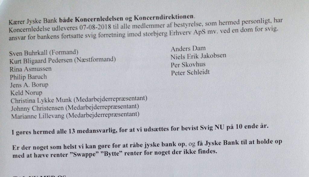 #Press The customer asksing the press, to ask the #Danish #Bank, why they are doing fraud :-) :-) Never seen before That a customer pack cars into giant stickers brands, Call up the bank, just to stop the bank's fraud against customer. To get in touch with the CEO Anders Dam Anders Dam which allows the Chrime, together with management that the bank continue fraud :-) :-) For more than 2 years, at least since May 2016 Have the bank director Anders Christian Dam, the manager Jyske Bank And the board of the same Danish Bank known everything about the scam :-( Fraud against customer. The customer tries to stop the bank CEO Anders Christian Dam But fraud is a good bank business for the Danish bank, as refusing to stop fraud in the 10th year :-) :-) Thinking all employees of the Jyske bank are laughing at the customers Customers who the bank deliberately deceives The Danish Bank of Jutland JYSKE BANK Supported by the bank's employees, Employees who agree with the manager, and group management in the fight against the customer. Customer who just want dialogue and help to understand if Jyske Bank is ? Criminal or a Honest Bank :-) :-) What can you do against Denmark's biggest fraudsters? when punishing the law did not seem to apply to the Danish banks which is supported by the the state of Denmark with a several of bank packages :-) :-) To the press. #PRESS Big #crimes against Danish customers in Denmark's second largest bank jyske bank - #Warning do not trust #Danish #Bank Jyske bank / Jutland Bank :-) Do you want a good story to give your readers The truth about the Danish banks - Do you have any questions? contact us +45 22227713 See attachments on the Danish home page www.banknyt.dk :-) :-) It's about guilt and responsibility Danish letter to the bank https://facebook.com/story.php?story_fbid=10217257306644043&id=1213101334&ref=bookmarks :-) Little attachment Danish It is also about the bank taking millions of Danish kroner in interest rates, for a loan the danish bank is lying, that the customer has taken ---------- which the bank has taken interest for. while everyone in the bank knows, there is no loan taken. https://facebook.com/story.php?story_fbid=10217222726019549&id=1213101334&ref=bookmarks A bad case for the Danish Banks :-) :-) #Financial #News #Press #Share #Pol #Recommendation #Sale #Firesale #AndersDam #Jyskebank #Fraud #Bank ------------ :-) :-) Funny enough for all that loan is not existing just ask jyske bank why the bank does not admit fraud And start to apologize all crimes. https://www.jyskebank.dk/kontakt/afdelingsinfo?departmentid=11660 #Bank #AnderChristianDam #Financial #News #Press #Share #Pol #Recommendation #Sale #Firesale #AndersDam #JyskeBank #ATP #PFA #MortenUlrikGade #PhilipBaruch #LES #GF #BirgitBushThuesen #LundElmerSandager #Nykredit #MetteEgholmNielsen #Loan #Fraud #CasperDamOlsen #NicolaiHansen #gangcrimes #crimes :-) just ask jyske bank why the bank does not admit fraud And start to apologize all crimes. https://www.jyskebank.dk/kontakt/afdelingsinfo?departmentid=11660 #Koncernledelse #jyskebank #Koncernbestyrelsen #SvenBuhrkall #KurtBligaardPedersen #RinaAsmussen #PhilipBaruch #JensABorup #KeldNorup #ChristinaLykkeMunk #HaggaiKunisch #MarianneLillevang #Koncerndirektionen #AndersDam #LeifFLarsen #NielsErikJakobsen #PerSkovhus #PeterSchleidt :-) :-) :-) Oplysning til aktionærer i jyske bank Banken bedrager bevidst forsat kunde på 10'ende år Er det sådan en virksomhed du vil støtte med aktie køb :-) DER ER NÆPPE TALE OM SANDHED OG TROVÆRDIGHED NÅR JYSKE BANK UDTALER SIG :-) :-) Jyske bank bedrager kunde bevidst, nu på 10'ende år. AKTIE EJERER I JYSKE BANK LÆS MERE OM HVAD I INVENSTERE JERES PENGE I HER www.tyv.dk Og hvad det er for en Bank i giver jeres støtte til, ved at eje aktier i jyske bank ATP CODAN REAL PENSAM og de mange aktie ejere i Jysk bank - Shareholders' representatives Jyske Bank Jesper Stærmose Andersen, Jette Fledelius Andersen, Tage Andersen, Peder Astrup, Jens A. Borup, Jørgen Boserup, Ole Bouet, Torben Lindblad Christensen, Poul Djernes, Anne Thiel Fuglsang, Jarl Gorridsen, Lene Haaning, Jan Højmark, Bente Jensby, Frede Jensen, Pernille Kræmmergaard Jensen, Susanne Lund Jensen, Søren Wibholm Just, Palle Buhl Jørgensen, Gunnar Lisby Kjær, Gert Kristensen, Heidi Langergaard Kroer, Betina Kühn, Anker Laden-Andersen, Ib René Laursen, Jan Fjeldgaard Lunde, Anker Nielsen, Jørgen Gade Nielsen, Erna Pilgaard, Mogens Poulsen, Jesper Rasmussen, Thorbjørn Risgaard, Lars Svenningsen, Georg Sørensen, Jan Thaarup, Jytte Thøgersen, Hans Christian Vestergaard, Tom Amby, Palle Møldrup Andersen, Poul Beck Konrad, Bo Bjerre Rasmussen, Jan Bjærre, Sven Buhrkall, Anni Bundgaard, Erik Bundgaard, Annie Mary Christensen, Christian Dybdal Christensen, Johan Sylvest Christensen, Birthe Marianne Christiansen, Lone Fergadis, Henning Fuglsang, Jens Jørgen Hansen, Lars Hauge, Stig Hellstern, Jens Gadensgaard Hermann, Kirsten Ishøj Christensen, Inger Marie Jappe, Ernst Kier, Steffen Falk Knudsen, Finn Vestergaard Langballe, Claus Larsen, Elsebeth Lynge, Preben Mehlsen, Axel Ørum Meier, Hans Henrik Møller Mortensen, Tonny Vinding Møller, Keld Norup, Preben Norup, Søren Nygaard, Herman M. Pedersen, Peder Pedersen, Peder Philipp, Susanne Dalsgaard Provstgaard, Lars Peter Rasmussen, Erling Sørensen, Bo Richard Ulsøe, Karsten Jens Andersen, Rina Asmussen, Annette Bache, Philip Baruch, Jens-Christian Bay, Jesper Lund Bredesen, Henrik Bræmer, Jørgen Bæk-Mikkelsen, Gert Dalskov, Kim Elfving, Bent Gail-Kashnyk, Mogens Grüner, Hans Bonde Hansen, Karin Søholt Hansen, Michael Heinrich Hansen, Eddie Holstebro, Steen Arne Jensen, Anne Mette Kaufmann, Jess Th. Larsen, Henrik Lassen Leth, Søren Lynggaard, Jørgen Hellesøe Mathiesen, Kristian May, Jens Kramer Mikkelsen, Thomas Møberg, Dorte Brix Nagell, Jesper Brøckner Nielsen, Asger Fredslund Pedersen, Kurt Bligaard Pedersen, Poul Poulsen, Tina Rasmussen, Jørgen Simonsen, Palle N. Svendsen, Anette Thomasen, Søren Tscherning, Jan Poul Crilles Tønnesen, Gerner Wolff-Sneedorff Læs www.banknyt.dk og lær mere om Anders Dams måde at drive bankforetning :-) Fundamentet i jyske bank oplyses at være sandhed hæderlighed troværdighed åbenhed At tage menneskelig hensyn http://dok.jyskebank.dk/Unit/jyskebank/jyskebankinfo/Ourfoundations/ :-) Sandheden er dog en ganske anden www.banknyt.dk www.tyv.dk www.forbryder.dk som er nogle af de steder der ligger sagsmateriale om svig og falsk sagen imod jyske bank :-) Eftersom bankens Leder Anders Christian Dam er direkte blevet oplyst 25 maj. 2016 at der intet lån på 4.328.000 kr. findes. Og mange gange er blevet oplyst at jyske bank udsætter kunde for bedrageri, ved at hæve renter for et lån der ikke findes. :-) :-) HVOR SVÆRT KAN DET VÆRE FOR JYSKE BANK AT INDRØMME SVIG OG FALSK OG SÅ SIGE UNDSKYLD :-) :-) Altså toppen i koncern ledelsen Banklederen Anders Dam er, som så mange andre i jyske bank