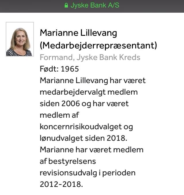 Valgperiode udløber: 2022 Marianne Lillevang er formand for Jyske Bank Kreds. Marianne Lillevang afsluttede sin bankassistentuddannelse i 1987 og har siden varetaget forskellige funktioner i Jyske Bank.