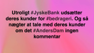 Den Danske Bank JYSKE BANK taget med hånden i #kagedåsen Den Danske Bank JYSKE BANK snød kunde og bedrager kunde for millioner, koncernbestyrelsen, sørgerede / gjorde selv selv alt, for at bedrageriet imod kunden ikke blev opklaret og stoppet, ved at lægge hændring i vejen for opklaring af svindlen Dette skete på trods af bestyrelsens viden om det igangværende bedrageri / svig mod kunden i jysk bank Se mere på www.banknyt.dk Sagen imod jyske bank for bedrageri kan skubbes igang http://tyv.dk/sagen-imod-jyskebank-for-bedrageri-kan-indledes-efter-som-bestyrelsen-ikke-vil-stoppe-med-at-besvige-kunde-her-03-09-2018/ Del 1. http://banknyt.dk/opslag-20-08-2018-fb/ Del 2. http://banknyt.dk/opslag-20-08-2018-facebook-del-2/ - DEN DANSKE BANK, JYSK EBANK UNDERSØGES FOR § 279. For #bedrageri § 280. For #mandatsvig § 281. For #afpresning § 282. For #åger § 283. For #skyldnersvig Kunden er ikke i tivl, bankens ledelse ved DIRIKTØR Anders Dam bevidst og uhæderligt har valgt at fortsætte bedrageri i mod kunde, et bedrag det har forgået siden 2008 / 2009 til mindst 1 septemper 2018 Men jyske bank ønsket ikke dialog, derfor har kunde og den samlede familie skrævet til deres advokat VI ØNSKER EN DOM Med sigte på at jyske bank dømmes for bedrageri, og Jyske Banks koncern bestyrelse gøres personlig ansvarlige for det bedrageri de har kendt til, mindst siden april 2016 og i perioden nægtede at stoppe det - Svig af en vis grovere karakter er kriminaliseret i en række forbrydelser. Den mest almindelige svigsforbrydelse er bedrageri. Svig kan bestå i, at forhold forties at der siges noget urigtigt mod bedre vidende. Flere af Jyske Banks afdelinger, lige som flere personer har været sammen om dette her svig mod bankkunde Kunde tilbyder stadig at gennemgå sagen med jyske bank og deres advokater Lund Elmer Sandager På trods at kunde har taget jyske Banks advokater, og dermed jyske bank for at lyve processuelt for retten :-) Problemet i jyske bank er at bedraget er udført udspekuleret ved hjælp af flere ansatte ansatte i flere afdelinger, men det fortsatte bedraget styres fra bestyrelsen Vestergade i Silkeborg Et #bedrageri som den samlede koncern ledelse ikke tager afstand fra, og derfor støtter bestyrelsen fortsat bedrageri af lille #virksomhed #Bestyrelsen i #jyskebank #SvenBuhrkall #KurtBligaardPedersen #RinaAsmussen #PhilipBaruch #JensBorup #KeldNorup #ChristinaLykkeMunk #JohnnyChristensen #MarianneLillevang #AndersDam #NielsErikJakobsen #PerSkovhus #PeterSchleidt #Nykredit #MetteEgholmNielsen Siger de ikke vil leverer skyts mod #jysk #ebank :-) #Lån #Gratis #Tilbud #Rådgivning #ATP #Pension #Pol #Police #LES #LundElmerSandager #Advokat Lån super billigt, ingen gebyr rente Subperlån, Superlån, supperlån. Billån, boliglån. Opsparing. Pension. - / Advokat advokater, strafferet ren straffe attest, øknomisk kriminalitet, kriminelt, straffeloven - Hvem kender mindst til sagen Lund Elmer Sandager Michael Rasmussen CEO Nykredit Anders Christian Dam CEO jyske bank Advokat Morten Ulrik Gade jyske bank Philip Baruch jyske bank Advokat Philip Baruch Lund Elmer Sandager Advokat Mette Egholm Nielsen Nykredit Inkasso Birgit Bush Thuesen jyske bank - Jyske bank erhverv Hillerød Helsingør Århus Aahus København Silkeborg Valby Østerbro - Nicolai Hansen bankrådgiver jyske bank Line Braad Winding jyske bank Casper Dam Olsen bankrådgiver jyske bank Anette Kirkeby bankrådgiver jyske bank Søren Woergaard rådgiver jyske bank CEO Anders Christian Dam - Danske bank jysk Aktie anbefalinger på jyskebank AKTIEN SÆLG #ATP IMG_3497