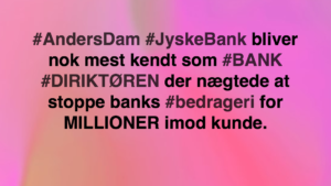 Den Danske Bank JYSKE BANK taget med hånden i #kagedåsen Den Danske Bank JYSKE BANK snød kunde og bedrager kunde for millioner, koncernbestyrelsen, sørgerede / gjorde selv selv alt, for at bedrageriet imod kunden ikke blev opklaret og stoppet, ved at lægge hændring i vejen for opklaring af svindlen Dette skete på trods af bestyrelsens viden om det igangværende bedrageri / svig mod kunden i jysk bank Se mere på www.banknyt.dk Sagen imod jyske bank for bedrageri kan skubbes igang http://tyv.dk/sagen-imod-jyskebank-for-bedrageri-kan-indledes-efter-som-bestyrelsen-ikke-vil-stoppe-med-at-besvige-kunde-her-03-09-2018/ Del 1. http://banknyt.dk/opslag-20-08-2018-fb/ Del 2. http://banknyt.dk/opslag-20-08-2018-facebook-del-2/ - DEN DANSKE BANK, JYSK EBANK UNDERSØGES FOR § 279. For #bedrageri § 280. For #mandatsvig § 281. For #afpresning § 282. For #åger § 283. For #skyldnersvig Kunden er ikke i tivl, bankens ledelse ved DIRIKTØR Anders Dam bevidst og uhæderligt har valgt at fortsætte bedrageri i mod kunde, et bedrag det har forgået siden 2008 / 2009 til mindst 1 septemper 2018 Men jyske bank ønsket ikke dialog, derfor har kunde og den samlede familie skrævet til deres advokat VI ØNSKER EN DOM Med sigte på at jyske bank dømmes for bedrageri, og Jyske Banks koncern bestyrelse gøres personlig ansvarlige for det bedrageri de har kendt til, mindst siden april 2016 og i perioden nægtede at stoppe det - Svig af en vis grovere karakter er kriminaliseret i en række forbrydelser. Den mest almindelige svigsforbrydelse er bedrageri. Svig kan bestå i, at forhold forties at der siges noget urigtigt mod bedre vidende. Flere af Jyske Banks afdelinger, lige som flere personer har været sammen om dette her svig mod bankkunde Kunde tilbyder stadig at gennemgå sagen med jyske bank og deres advokater Lund Elmer Sandager På trods at kunde har taget jyske Banks advokater, og dermed jyske bank for at lyve processuelt for retten :-) Problemet i jyske bank er at bedraget er udført udspekuleret ved hjælp af flere ansatte ansatte i flere afdelinger, men det fortsatte bedraget styres fra bestyrelsen Vestergade i Silkeborg Et #bedrageri som den samlede koncern ledelse ikke tager afstand fra, og derfor støtter bestyrelsen fortsat bedrageri af lille #virksomhed #Bestyrelsen i #jyskebank #SvenBuhrkall #KurtBligaardPedersen #RinaAsmussen #PhilipBaruch #JensBorup #KeldNorup #ChristinaLykkeMunk #JohnnyChristensen #MarianneLillevang #AndersDam #NielsErikJakobsen #PerSkovhus #PeterSchleidt #Nykredit #MetteEgholmNielsen Siger de ikke vil leverer skyts mod #jysk #ebank :-) #Lån #Gratis #Tilbud #Rådgivning #ATP #Pension #Pol #Police #LES #LundElmerSandager #Advokat Lån super billigt, ingen gebyr rente Subperlån, Superlån, supperlån. Billån, boliglån. Opsparing. Pension. - / Advokat advokater, strafferet ren straffe attest, øknomisk kriminalitet, kriminelt, straffeloven - Hvem kender mindst til sagen Lund Elmer Sandager Michael Rasmussen CEO Nykredit Anders Christian Dam CEO jyske bank Advokat Morten Ulrik Gade jyske bank Philip Baruch jyske bank Advokat Philip Baruch Lund Elmer Sandager Advokat Mette Egholm Nielsen Nykredit Inkasso Birgit Bush Thuesen jyske bank - Jyske bank erhverv Hillerød Helsingør Århus Aahus København Silkeborg Valby Østerbro - Nicolai Hansen bankrådgiver jyske bank Line Braad Winding jyske bank Casper Dam Olsen bankrådgiver jyske bank Anette Kirkeby bankrådgiver jyske bank Søren Woergaard rådgiver jyske bank CEO Anders Christian Dam - Danske bank jysk Aktie anbefalinger på jyskebank AKTIEN SÆLG #ATP IMG_3510