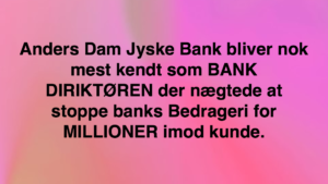 Den Danske Bank JYSKE BANK taget med hånden i #kagedåsen Den Danske Bank JYSKE BANK snød kunde og bedrager kunde for millioner, koncernbestyrelsen, sørgerede / gjorde selv selv alt, for at bedrageriet imod kunden ikke blev opklaret og stoppet, ved at lægge hændring i vejen for opklaring af svindlen Dette skete på trods af bestyrelsens viden om det igangværende bedrageri / svig mod kunden i jysk bank Se mere på www.banknyt.dk Sagen imod jyske bank for bedrageri kan skubbes igang http://tyv.dk/sagen-imod-jyskebank-for-bedrageri-kan-indledes-efter-som-bestyrelsen-ikke-vil-stoppe-med-at-besvige-kunde-her-03-09-2018/ Del 1. http://banknyt.dk/opslag-20-08-2018-fb/ Del 2. http://banknyt.dk/opslag-20-08-2018-facebook-del-2/ - DEN DANSKE BANK, JYSK EBANK UNDERSØGES FOR § 279. For #bedrageri § 280. For #mandatsvig § 281. For #afpresning § 282. For #åger § 283. For #skyldnersvig Kunden er ikke i tivl, bankens ledelse ved DIRIKTØR Anders Dam bevidst og uhæderligt har valgt at fortsætte bedrageri i mod kunde, et bedrag det har forgået siden 2008 / 2009 til mindst 1 septemper 2018 Men jyske bank ønsket ikke dialog, derfor har kunde og den samlede familie skrævet til deres advokat VI ØNSKER EN DOM Med sigte på at jyske bank dømmes for bedrageri, og Jyske Banks koncern bestyrelse gøres personlig ansvarlige for det bedrageri de har kendt til, mindst siden april 2016 og i perioden nægtede at stoppe det - Svig af en vis grovere karakter er kriminaliseret i en række forbrydelser. Den mest almindelige svigsforbrydelse er bedrageri. Svig kan bestå i, at forhold forties at der siges noget urigtigt mod bedre vidende. Flere af Jyske Banks afdelinger, lige som flere personer har været sammen om dette her svig mod bankkunde Kunde tilbyder stadig at gennemgå sagen med jyske bank og deres advokater Lund Elmer Sandager På trods at kunde har taget jyske Banks advokater, og dermed jyske bank for at lyve processuelt for retten :-) Problemet i jyske bank er at bedraget er udført udspekuleret ved hjælp af flere ansatte ansatte i flere afdelinger, men det fortsatte bedraget styres fra bestyrelsen Vestergade i Silkeborg Et #bedrageri som den samlede koncern ledelse ikke tager afstand fra, og derfor støtter bestyrelsen fortsat bedrageri af lille #virksomhed #Bestyrelsen i #jyskebank #SvenBuhrkall #KurtBligaardPedersen #RinaAsmussen #PhilipBaruch #JensBorup #KeldNorup #ChristinaLykkeMunk #JohnnyChristensen #MarianneLillevang #AndersDam #NielsErikJakobsen #PerSkovhus #PeterSchleidt #Nykredit #MetteEgholmNielsen Siger de ikke vil leverer skyts mod #jysk #ebank :-) #Lån #Gratis #Tilbud #Rådgivning #ATP #Pension #Pol #Police #LES #LundElmerSandager #Advokat Lån super billigt, ingen gebyr rente Subperlån, Superlån, supperlån. Billån, boliglån. Opsparing. Pension. - / Advokat advokater, strafferet ren straffe attest, øknomisk kriminalitet, kriminelt, straffeloven - Hvem kender mindst til sagen Lund Elmer Sandager Michael Rasmussen CEO Nykredit Anders Christian Dam CEO jyske bank Advokat Morten Ulrik Gade jyske bank Philip Baruch jyske bank Advokat Philip Baruch Lund Elmer Sandager Advokat Mette Egholm Nielsen Nykredit Inkasso Birgit Bush Thuesen jyske bank - Jyske bank erhverv Hillerød Helsingør Århus Aahus København Silkeborg Valby Østerbro - Nicolai Hansen bankrådgiver jyske bank Line Braad Winding jyske bank Casper Dam Olsen bankrådgiver jyske bank Anette Kirkeby bankrådgiver jyske bank Søren Woergaard rådgiver jyske bank CEO Anders Christian Dam - Danske bank jysk Aktie anbefalinger på jyskebank AKTIEN SÆLG #ATP IMG_3519