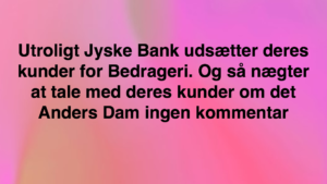 Den Danske Bank JYSKE BANK taget med hånden i #kagedåsen Den Danske Bank JYSKE BANK snød kunde og bedrager kunde for millioner, koncernbestyrelsen, sørgerede / gjorde selv selv alt, for at bedrageriet imod kunden ikke blev opklaret og stoppet, ved at lægge hændring i vejen for opklaring af svindlen Dette skete på trods af bestyrelsens viden om det igangværende bedrageri / svig mod kunden i jysk bank Se mere på www.banknyt.dk Sagen imod jyske bank for bedrageri kan skubbes igang http://tyv.dk/sagen-imod-jyskebank-for-bedrageri-kan-indledes-efter-som-bestyrelsen-ikke-vil-stoppe-med-at-besvige-kunde-her-03-09-2018/ Del 1. http://banknyt.dk/opslag-20-08-2018-fb/ Del 2. http://banknyt.dk/opslag-20-08-2018-facebook-del-2/ - DEN DANSKE BANK, JYSK EBANK UNDERSØGES FOR § 279. For #bedrageri § 280. For #mandatsvig § 281. For #afpresning § 282. For #åger § 283. For #skyldnersvig Kunden er ikke i tivl, bankens ledelse ved DIRIKTØR Anders Dam bevidst og uhæderligt har valgt at fortsætte bedrageri i mod kunde, et bedrag det har forgået siden 2008 / 2009 til mindst 1 septemper 2018 Men jyske bank ønsket ikke dialog, derfor har kunde og den samlede familie skrævet til deres advokat VI ØNSKER EN DOM Med sigte på at jyske bank dømmes for bedrageri, og Jyske Banks koncern bestyrelse gøres personlig ansvarlige for det bedrageri de har kendt til, mindst siden april 2016 og i perioden nægtede at stoppe det - Svig af en vis grovere karakter er kriminaliseret i en række forbrydelser. Den mest almindelige svigsforbrydelse er bedrageri. Svig kan bestå i, at forhold forties at der siges noget urigtigt mod bedre vidende. Flere af Jyske Banks afdelinger, lige som flere personer har været sammen om dette her svig mod bankkunde Kunde tilbyder stadig at gennemgå sagen med jyske bank og deres advokater Lund Elmer Sandager På trods at kunde har taget jyske Banks advokater, og dermed jyske bank for at lyve processuelt for retten :-) Problemet i jyske bank er at bedraget er udført udspekuleret ved hjælp af flere ansatte ansatte i flere afdelinger, men det fortsatte bedraget styres fra bestyrelsen Vestergade i Silkeborg Et #bedrageri som den samlede koncern ledelse ikke tager afstand fra, og derfor støtter bestyrelsen fortsat bedrageri af lille #virksomhed #Bestyrelsen i #jyskebank #SvenBuhrkall #KurtBligaardPedersen #RinaAsmussen #PhilipBaruch #JensBorup #KeldNorup #ChristinaLykkeMunk #JohnnyChristensen #MarianneLillevang #AndersDam #NielsErikJakobsen #PerSkovhus #PeterSchleidt #Nykredit #MetteEgholmNielsen Siger de ikke vil leverer skyts mod #jysk #ebank :-) #Lån #Gratis #Tilbud #Rådgivning #ATP #Pension #Pol #Police #LES #LundElmerSandager #Advokat Lån super billigt, ingen gebyr rente Subperlån, Superlån, supperlån. Billån, boliglån. Opsparing. Pension. - / Advokat advokater, strafferet ren straffe attest, øknomisk kriminalitet, kriminelt, straffeloven - Hvem kender mindst til sagen Lund Elmer Sandager Michael Rasmussen CEO Nykredit Anders Christian Dam CEO jyske bank Advokat Morten Ulrik Gade jyske bank Philip Baruch jyske bank Advokat Philip Baruch Lund Elmer Sandager Advokat Mette Egholm Nielsen Nykredit Inkasso Birgit Bush Thuesen jyske bank - Jyske bank erhverv Hillerød Helsingør Århus Aahus København Silkeborg Valby Østerbro - Nicolai Hansen bankrådgiver jyske bank Line Braad Winding jyske bank Casper Dam Olsen bankrådgiver jyske bank Anette Kirkeby bankrådgiver jyske bank Søren Woergaard rådgiver jyske bank CEO Anders Christian Dam - Danske bank jysk Aktie anbefalinger på jyskebank AKTIEN SÆLG #ATP IMG_3521