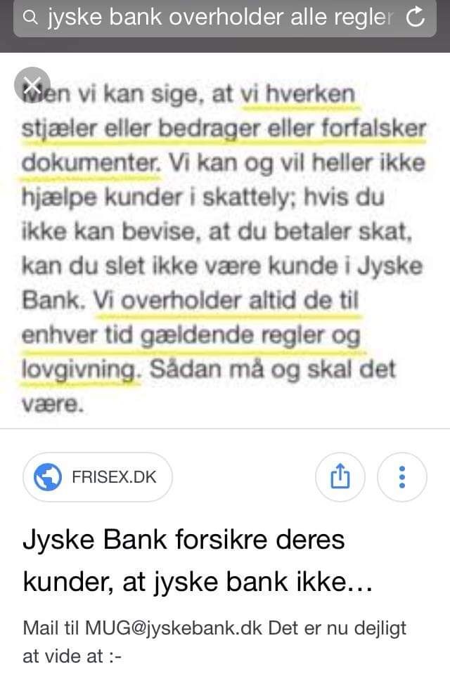 Koncernledelsen i jyske bank står med CEO #bandelederen Anders Christian Dam bag mange års groft bedrageri mod bankkunde i jyske bank Se mere på www.banknyt.dk eller på www.tyv.dk #SvenBuhrkall #KurtBligaardPedersen #RinaAsmussen #PhilipBaruch #JensABorup #KeldNorup #ChristinaLykkeMunk #HaggaiKunisch #MarianneLillevang #Koncerndirektionen #AndersDam #LeifFLarsen #NielsErikJakobsen #PerSkovhus #PeterSchleidt :-) Taler vi om nogle simpel forbrydere der driver en kriminel jysk bank. Det finder vi ud af i Viborg RET Viborg Domstol FØLG SAGEN BS 1-698/2015 Jyske bank har afsluttende svarfrist 19 februar 2019 på den forurettedes bemærkninger, i den for retten 28-12-2018 i sagen fremlagte vidneforklaring. Bilag 100 & 101. Fra 28 december 2018. Læs denne vidneforklaring, og lær den hæderlige og ærlige jyske bank at kende for bankens værdigrundlag. :-) #ATP #PFA #GF vores fælles #værdigrundlag og det gode sammen arbejde med JyskeBank. Husforsikring Bilforsikring Samarbejdspartnere Som finansiel virksomhed følger Jyske Bank en række retningslinjer for "god skik". Som jyske bank ikke behøver at overholde siger bestyrelses medlemmet Philip Baruch :-) Jyske Bank har samarbejdspartnere med det samme værdigrundlag som jyske bank. Danske Selvstændige Ejendomsmæglere #EDC #RealMæglerne #BoligOne #Nellemann Leasing #Pension & #Forsikring AXA Partners #CodanForsikring #GF Forsikring #Letpension #Nærpension #PFA Pension :-) #MortenUlrikGade #PhilipBaruch #LES #KristianAmbjørnBuus-Nielsen #LundElmerSandager #Nykredit #Loan #Fraud #CasperDamOlsen #NicolaiHansen #JeanettKofoed-Hansen #AnetteKirkeby #Bankdirektør #SørenWoergaaed #BirgitBushThuesen #jyskebank #Skatterådgivning #Hvidvask #Hvidvaskning med jysk bank. - Jyske banks fundament er #GRATIS men #LØGNAGTIG & #DÅRLIG #RÅDGIVNING Vi vil også opfordre jyske bank til at overholde bankens fundamentet og vedtægter som § 1. Styk 4. og Styk 5. Kopi herunder. ( altså her underliggende.) :-) Vedtægter § 1 Stk. 1: Bankens navn er Jyske Bank A/S. Stk. 4: Bankens formål er som bank og som moderselskab at drive bankvirksomhed efter lovgivningen Stk. 5: Banken drives i overensstemmelse med redelig forretningsskik, god bankpraksis og bankens værdier og holdninger En bank som da Brask Thomsen ejede Finansbanken før jyske bank overtog Fidusbanken :-)