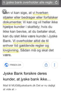 Lundgrens, Lund Elmer Sandager, Jyske Bank. Share our call for help, but just for your information some have been blocked BANKNYT.dk on facebook, perhaps to cover the Danish criminal banks, and to hide the truth that Danish police will not investigate Danish banks that are reported for Fraud and Document Fake.