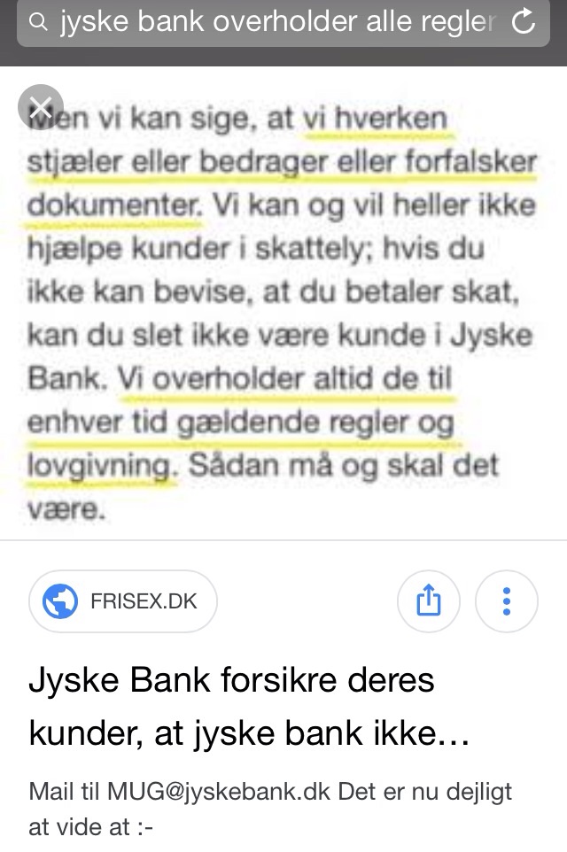 Lundgrens, Lund Elmer Sandager, Jyske Bank.  Share our call for help, but just for your information some have been blocked BANKNYT.dk on facebook, perhaps to cover the Danish criminal banks, and to hide the truth that Danish police will not investigate Danish banks that are reported for Fraud and Document Fake. 