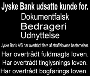 fundamentet i Jyske Bank, troværdighed, hæderlig, ærlig, loyal, loyalitet, kundeservice i Jyske Bank. / Lær jyskebank at kende Hvem dækker over Jyske Banks fortatte svigforretninger. Bribery at the top of the Danish business seems to have been politically approved. Following Jyske Bank's fraud case. Lundgren's lawyer partner company paid several million Danish kroner, moreover, the same Lundgren's lawyers who would not bring a case against the Danish bank Jyske Bank for fraud. Which Lundgren's lawyer partner company regrettably forgot to submit to the court. That it happened according to Jyske Bank's management, certainly by CEO Anders Dam who is directly contributing to Jyske Bank's continued crimes. When Jyske Bank then chose to give the large law firm Lundgren's lawyers a huge order. It became very clear that the overall board of directors of Jyske Bank continues to expose the customer to very serious fraud transactions. And that Jyske Bank's board of directors is still behind millions of scams and now probably also corruption. All to disappoint in legal matters, and to serve the shareholders in the Danish B