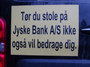 When the Danish authorities, including the Prime Minister’s Office, the Government, the Ministry of Finance, the Danish Financial Supervisory Authority, the Ministry of Justice, Denmark’s Nationalbank, the National Courts Administration, the National Police, the Public Prosecutor’s Office, the Public Prosecutor, the politicians all know and are aware that Jyske Bank is a criminal organization. That they are all fully aware of JYSKE BANK’s use of criminal crime. And they have all been presented with documentation that Denmark’s second largest bank, JYSKE BANK, is behind extensive and outspoken crime. Crime which has been committed by several employees and aides in Jyske Bank. Therefore, it is organized crime, committed in association with the bank’s employees, which is why Jyske Bank is a criminal organization. The crime that Jyske Bank is behind has been documented to the authorities. And the Danish authorities have submitted full documentation, that Jyske Bank has made use of document false, power of attorne