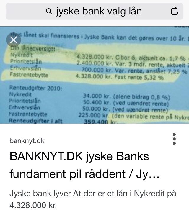Listen med spørgsmål og link nederst redigeres dagligt. Senest rettet 17-11-2017 Spørgsmål 6.A indsat :-) ------------------- Sagen, handler i bund og grund bare om jyske bank bedrager deres kunder, og hvor gode jyske bank er til SVIG foretninger. Læs dagbogen på www.banknyt.dk ------------------- :-( Vi har i sagen mod jyske bank brug for at Nykredit underskriver et dokument. Bare underskrive at vi ikke har hjemtaget noget lån i Nykredit på 4.328.000 kr. Som blev tilbudt 20 maj 2008. :-) :-) Se bilag på at tilbud er bortfaldet og derfor ikke kan eksistere. https://facebook.com/story.php?story_fbid=10214873510170621&id=1213101334&ref=bookmarks :-) :-) BILLEDER I NY TIDSLINIE SAGEN MOD JYSKE BANK FOR BEDRAGERI SVIG https://facebook.com/story.php?story_fbid=1493715853997211&id=1045397795495688 :-) :-) Normale og ærlige mennesker ville ikke nægte at hjælpe andre i en sådan sag, men anderledes er det med Nykredit. :-) Nykredit nægter at underskrive, for på den måde at hjælpe jyske bank med at kunne fortsætte bedrageri af kunde. :-) Nykredit kan følge sagen her. Om underskrift. https://facebook.com/Nykredit-dækker-over-SVIG-i-Jyske-Bank-Advokat-Mette-Egholm-Nielsen-svare-351558681922937/ :-( :-) Vi har anmodet vores advokat skrive til Nykredit 20-09-2017 og kræve en underskrift. Hvis Nykredit v/ Advokat Mette Egholm Nielsen Stadig nægter at underskrive. :-( På trods af møde referat fra Nykredit, og de mange beviser på at der ikke findes noget optaget lån i Nykredit på 4.328.000 kr Og at Nykredit heller ikke vil vise der findes et optaget / hjemtager lån i Nykredit på 4.328.000 kr. :-) Anmode vi vores advokat, at stævne Nykredit, så de tilpligtes til at underskrive. :-) Vi ved her 5 oktober 2017 stadig ikke om, der er skrevet, eller udtaget stævning mod Nykredit. :-) :-) Vores advokat Skrev 04-10-2017 At han anbefale, at vi opgiver sagen imod jyske bank. Og skriver om højsteretsdomme, om sager omhandlende rente bytte, Men skriver intet om det vores sag handler om. ( de mange spørgsmål som er nederst ) :-) :-) !. Vi blev meget forvirret over at vores advokat kun taler om dårlig rådgivning, omkring en rente bytte med jyske bank, En rentebytte, som jyske bank har lavet ved egen hånd. ! Uden påforhånd at sikker sig en mundtlig eller skriftligt aftale ved kunde. Vores Advokat er oplyst februar 2016 At den anlagte sag mod jyske bank er ændret. FRA DÅRLIG RÅDGIVNING TIL SVIG / BEDRAGERI At vi ikke har et lån 4.328.000 kr. at betale på, eller bytte renter med til nogle. At vi ikke har aftalt og godkendt den rente bytte fra 16-07-2008 som jyske bank opråber sig i retsforhold at være den der er godkendt 15-07-2008. :-) Vi har fremsende alt materiale til vores advokat februar 2016 og løbende herefter. Samt efterfølgende sendt kopi politi anmeldelse af jyske bank for bedrageri. En anmeldelse som stiller store spørgsmåls tegn, ved jyske Banks Hæderlighed, Ærlighed og Troværdighed. Sagen viser tydelige tegn på bedrageri. :-) Materialet er gennemgået ved møde ved min advokat. 2016 og grundig forklaret, og dengang forstået. Desværre mene min advokat tydeligvis ikke, at det nu har nogle betydning for sagen, mod jyske bank, da intet er blevet nævnt eller omtalt. :-) Vores advokat mener kun det handler om dårlig rådgivning, og sagen faktisk er tabt på forhånd, og anbefaler vi skal opgive. Hvorfor Carsten sendte et link hertil siden. :-) For på den måde måske at kunne ændre vores advokats opfattelse af sagen, som han ser den. Vores opfattelse af sagen, er tydeligvis en helt anden end vores advokat. :-) Som ikke syntes de nævnte forhold nederst, har betydning. Nogle de mange forhold, er her indsat som spørsmål nederst , og vi mener de alle har relevans til den anlagte sag, som vi mener er bedrsgeri. :-) Svig for milioner mod kunde i jyske bank. https://facebook.com/JyskeBank.dk/?ref=bookmarks :-) Vores bog og historie om at være 9 år i helvede, med den grønne slagter. Ud af planlagte 20 år. Men nok snarer at skulle skulle være det resten af livet. :-) Grundet jyske bank og en kæmpe løgn. OG nej det er ikke en beskyldning. Vi føler bare at JYSKE BANK LYVER en smule her, måske ligefrem planlagt. :-) Men det taler vi jo mere om i retten, for vi vil have alle vores spørgsmål besvaret, Det er åbenbart det eneste sted jyske bank vil besvare spørgsmål. :-) http://ekstrabladet.dk/kup/dinepenge/andelsboligforeninger-har-faaet-nok-stopper-betalinger-til-gebyrgribbene/6029918 Det er vores almindelige princip, at når en sag verserer for domstolene, udtaler vi os ikke, siger Peter Stig Hansen, juridisk direktør i Jyske Bank (dette er en MASTER som rettes med røbende link på bilag til alle spørgsmål, frem til vi har første retsmøde) :-) Kan denne historie mon betale for sådanne en bil de næste 20 år med alt betalt :-). Det ville være dejligt ny bil hvert andet år, Historien bør blive til en gyser film, selv om der kom mordtrusler fra en der købte flere ph lamper fra Carstens konto mens han var syg, var jyske bank er dog den mindst søde i historien og hjulpet kreditforeningen Nykredit I historien du gerne skulle se som film. :-) Men som da vi intet havde efter jyske bank tog alt fra os, der var intet lys at se forude, nu har vi bare en god historie at fortælle. :-) Lidt mere fra oplevelsen er her https://www.facebook.com/carsten.storbjergskaarup/posts/10212893634034955 En fyldte tanken med olie, TAK En betalte til maden, TAK En betalte medicin, mange hjalp TAK :-) Undtagen jyske bank, de ønskede kun at tage alt og jyske bank tager stadig af kassen til renter af lån som ikke findes. DET ER BEDRAGERI SVIG SVINDEL :-) Mens jyske bank tog hvad de kunne tage, gemte vi dette minde, Carsten's hjerne :-) den huske hele historien. Om den tyvagtige og bedrageriske JYSKE BANK. ----- :-) :-) Bliver du Snydt af jyske bank så fortæl om det, Og har du brug for hjælp i din sag så ring 40333400. Carsten hjælper dig Gratis :-) Carsten ved om nogle hvordan jyske bank arbejder, og lyver for at tjære penge. :-) :-) Svar udbedes her eller i retten. :-) :-) Vi afventer 5-10-207 svar fra vores advokat om han mener vi har optaget et lån i Nykredit, efter tilbudet 20 maj 2008 på 4.328.000 kr. Og har aftalt om han mener vi har aftalt at bytte renter med jyske bank, på dette lån. Jævnfør den af jyske Banks fremlagte rente bytte lavet 16-07-2008 Som skulle erstatte den der er aftalt 15-07-2008 :-) :-) Mens vi venter så læs med. Lidt af de spørgsmål jyske bank ignorere og ikke vil svare på, :-) Men hvad jyske bank vil jo overhoved ikke tale med Carsten Storbjerg, det har bestyrelsen ved Philip Baruch skrevet 31/5-2016 Og på havkatten skriver de, sagen må gå sin gang, og det handler om jura Lige som de skriver at jyske bank overholder alle regler og love :-) Hej jyske bank, i er tilbudt dialog men ønsker det ikke, vi er også ved at være ret ligeglad kun far vil tale, men vil ikke være til grin. 1 år og 6 måneder gik uden at jyske bank har, ville elle tør svare på, om det lån i Nykredit på 4.328.000 kr. er falsk eller sandt, og i øvrigt intet vil svare på. :-) jyske bank behøver slet ikke svare, på noget som helst, er ved at være ret ligeglad, Men tænk da på bankernes omdømme, og ATP PFA mm som støtter jyske Banks handlinger ved aktie køb, og deres partner som REALMÆGLERNE GF FORSIKRING MM ;-( Banken får alligevel alle spørgsmål i retten. Så vi tager den der fra, Dyrt for Carsten med retten, men det er jo bankens måde at forsøge at stoppe disse dumme spørgsmål fra kunde der føler sig bedraget, ingen beskyldning men føler os bedraget. :-) :-) I retten må vi så bare ønske en god forestilling. Og se det sande jyske bank arbejde med jura af bølgepap og stjerne advokater, med speciale i bestyrelses ansvar. Opdater 23-09-2017 Jyske bank har på ingen måde vist ønske om dialog, Min advokat er ikke blevet kontaktet siden 2-11-2016 med en skjult dagsorden en rente sikring. :-) Gud fader i skuret, afviste på stedet at spilde tiden, så heller en dom da. jyske bank må gerne komme til mig, hvis de har noget de vil undskylde, de skal ikke spilde min advokats tid, han skal snart lave nyt proces skrift med de forhold som er fremlagt. :-) Og skal laves så sagen kan rykke videre i straffe retten efter. Regner ikke det af jyske Banks bestyrelses forliges tilbud, for andet end et nyt forsøg på at snyde mig med en Swap, vi kan jo ikke stole på jyske bank :-) Seneste henvendelse fra jyskebank var tilbudet om at lave en rente sikring på et andet lån som jeg har hjemtaget langt op i 2009 Dette var en direkte fornærmelse mod min familie og mig. :-) Halo jyske bank, og Philip Baurch jeg er altså blevet rask, så stop nu jeres latterlige forsøg på at snyde mig. :-) Kære jyske bank er taget i groft svig og løgne så tro ikke jeg er helt dum, og uden advokater fandt jeg ud at jyske Banks sande fundament. :-) Hvis bare det en masse fejl så bør jyske bank komme til mig, selv om det virker ret bevist, efter CEO blev oplyst om det 25 maj 2016 Ring 40 33 34 00 tal med Carsten istedet for at lave mere lort for jyskebanks troværdighed. Undskyld sproget men er lidt sur :-) -- Spørgsmål er næppe nye. Desværre vil Jyske bank ikke besvare nogle af dem. :-) :-) - 0. Sagens start, og hvorfor sagen faktisk startede, det handlede først om dårlig rådgivning. Rentesikring (eller rente swap) (eller rentebytte) til et underlægende lån i Nykredit. Dette er ikke et spørgsmål men en konstatering, Swappen W015785999 på 4.328.000 kr. som er lavet 16/7 2008 hvor Jyske Bank siger den er lavet 15/7 2008, at vi har godkendt denne. for at rentesikker et underlægende lån, også på 4.328.000 kr. som Jyske Bank har fortalt 3 personer, der har bistået i sagen, og i øvrigt alle er advokater, for at overbevise dem at Jyske Bank talte sandt. Og der ikke var noget at gøre, derfor opfordrede Advokat Søren Nav på dette grundlag at Carsten opgav kampen og derved betalte jyske bank, og i øvrigt opgav. Carsten siger i dag at swappen Swappen W015785999 ikke er aftalt, og det underlægende lån er FALSK, eller, siger bare det findes ikke i nykredit. https://www.facebook.com/pg/JyskeBank.dk/photos/?tab=album&album_id=1313767645325367 :-) :-) ----- 1. Hvordan kan jyske bank lave 2 byggekreditter, til 2 forskellige virksomheder, (2 cvr nummer). Både samtidige og overlappende Altså på samme kontonummer. ?. Er det ikke det samme som at sætte den samme nummerplade på 2 forskellige biler Samtidigt :-) ? Hvordan ved man hvilket cvr. Som betaler når der er 2 virksomheder på ? https://www.facebook.com/pg/JyskeBank.dk/photos/?tab=album&album_id=1314913848544080 :-) :-) ----- 2. Hvordan kan et swap bilag, blive væk. ? Altså den swap aftale, som kun er indgået, under forudsætning hvis man hjemtager det underlægende lånetilbud ? Det er her vist bare 2 bilag, som er blevet væk, for jyske bank. :-) En aftale og at aftalen lukkes. Og måske er andre bilag også blevet væk, hvis de findes :-) https://www.facebook.com/pg/JyskeBank.dk/photos/?tab=album&album_id=1315070638528401 :-) :-) -- 3. Selve forudsætningen for swap aftalen. Var både forkert og mangelfuld, og havde kun et formål. At jyske bank, måske bevist har fortiet og tilbageholdt flere oplysninger, over for deres kunde, forud for en swap aftale, har du vores ord på. Jyske bank syntes tilsyneladende ikke at huske, hvad banken oplyste i deres swap anbefalinger, Og derefter benægter at have tilbage holdt oplysninger, for deres kunde. Desværre har vi ikke optagelser af disse samtaler. Vi kommer ind på hvad jyske bank faktisk oplyste og svarede. Vi viste på daværende tidspunkt desværre ikke, at jyske bank efterfølgende ville benægte. Og at det derfor var nødvendigt at optage samtaler i jyske bank. Efterfølgende har vi dog fundet flere beviser, på at jyske bank har løjet for os i gennem de sidste 9 år. Vi kan og vil bevise, dokumentere løgne fra jyske bank. :-) :-) -- 4. Hvordan kan et swap bilag, blive væk. ? Altså en swap aftale der bliver lukket. og derefter at forsvinde, for jyske bank ? Det er vist her bare de 2 bilag der er blevet væk, for jyske bank. :-) (Det ene bilag finder jyske bank dog igen 7 år efter) :-) https://www.facebook.com/pg/JyskeBank.dk/photos/?tab=album&album_id=1315070638528401 :-) :-) -- 5. Hvorfor er de 2 bilag, ikke medtaget på årsopgørelsen, for det år hvor aftalen laves og lukkes. Der findes på årsopgørelsen kun den swap jyske bank egenhændigt har lavet. Det ene af de forsvundne bilag, er heldigvis efterfølgende dukket op igen, i en mail fremsendt fra et bestyrelsesmedlem. Men det er ikke på års opgørelsen ? :-) Hvordan kan 2 juridiske gældende dokumenter forsvinde fra Jyske Bank, må man fjerne disse. ? https://www.facebook.com/pg/JyskeBank.dk/photos/?tab=album&album_id=1316246245077507 :-) :-) — 6. Hvordan kan jyske bank, egenhændigt lave en ny rentebytte / swap aftale, uden at tale med deres kunde først ?. :-) Og derefter at indsætte deres nye rentebytte / swap bilag, i stedet for det swap bilag der i første omgang forsvandt :-). Fra jyske bank. Heldigvis dukkede det forsvundet bilag op igen, i et fremsendt svar fra jyske bank sep. 2015 Da en af jyske banks bestyrelsesmedlemmer og advokat, var så venlig og sender en kopi til retten i Viborg, i den anlagte sag mod jyske bank. :-) Og at jyske bank derefter februar 2015 på spørgsmål, oplyser at de kun har ombyttet de 2 bilag. Her er tale om et bilag / en swap aftale, som kunden ikke har anmodet jyske bank om at lave, eller indsætte til et lånetilbud. Findes der en mundtlig eller en skriftlig godkendelse af den aftale / bilag om det :-) Vi efterlyser bevis. :-) :-) — 6.A. Må man ændre i en indgået aftale. (Glem lige at jyske bank i svaret tilbageholder oplysninger om at aftalen er lukket) Jyske bank Philip Baurch skrive i retsforhold, efter 10-09-2015 hvor jyske bank er blivet opdaget. i at fuske med dokumenterne. At jyske bank 16-07-2008 kun har rettet i indgået aftale fra 15-07-2008 Altså jyske bank skriver at banken har rettet i et juridisk dokument, uden om kunden, og ikke fået en godkendelse. At jyske Banks advokat Lund Elmer Sandager oplyser i er retsforhold at jyske bank retter i en aftale, der er blevet lukket, bekymrer ikke advokaterne. Men når Lund Elmer Sandager i et retsforhold bruger falske oplysninger om lån der ikke findes, bliver man ikke overrasket. :-) :-) — 7. Hvordan kan jyske bank lade en ikke eksisterende gæld tinglyse. Altså lade et lånetilbud tinglyse som det var hjemtaget når lånet ikke er hjemtaget, eller overhoved findes hjemtaget og udbetalt :-) En kopi af hjemtagelsesanmodning med min underskrift og kopi af udbetalingen, er blevet efterlyst. :-) :-) — 8. Hvilket bilag er brugt over for tinglysningsretten, for at kunne tinglyse gælden til lån 4.328.000 kr. i Nykredit, som aldrig er blevet hjemtaget. 8.A Har jyske bank selv rykket tilbage i pantrækkefølge og givet Nulredit oprykkende pant på 4.328.000 kr. 16-04-2009. 8.B Har jyske bank jyske bank selv tinglyst pantet på 4.328.000 kr. til Nykredit 16-04-2009. :-) :-) — 9. Hvordan kan jyske bank hæve af betroede midler, til tinglysning af et lån i Nykredit, som ikke findes. først efter selv at blive stævnet indrømmer Nykredit, at de intet kender til lånet.? Lånet som jyske bank nægter at bevise hjemtaget og udbetalt. https://facebook.com/pg/JyskeBank.dk/photos/?tab=album&album_id=1317733184928813&ref=page_internal :-) :-) -- 10. Hvordan kan jyske bank hæve af betroede midler, for lånesagsomkostninger til Nykredit Som Nykredit efter selv at være stævnet, indrømmer at de intet kender til. Lånet som jyske bank hæver lånesags omkostninger for at formidle. Og som jyske bank nægter at bevise findes, som hjemtaget og udbetalt. https://www.facebook.com/pg/JyskeBank.dk/photos/?tab=album&album_id=1317095824992549 Udnyttelse: https://www.facebook.com/JyskeBank.dk/photos/a.1046330268735774.1073741836.1045397795495688/1233278270040972/?type=3&theater :-) :-) — 11. Hvordan kan jysk bank hæve af betroet midler, til gebyr for at lave sikkerhed over for Nykredit på et lån der ikke findes.? :-) :-) — 12. Hvordan kan jyske bank kræve en grund tvangssolgt, når banken ved de ikke selv har første ret til provenuet. Min ejendomsret er blevet krænket. :-) :-) — 13. Hvordan kan jyske bank forsvare at banken kræver et påstået underliggende lån til en swap (der der ikke er godkendt) afdrage ekstraordinært, og samtidig selv hæve renter af provenuet frem til 2028. er det ikke bedrageri. ? :-) :-) — 14. Hvordan kan jyske bank nægte at have krævet et tvangssalg, når banken udmærket ved, at det alene var et krav fra jyske bank. :-) :-) — 15. Hvordan kan jyske bank forklare at deres advokat og bestyrelse efter nok 20 breve, alle med samme meget klare og tydelige spørgsmål, vælger at svare direkte forkert på spørgsmål, om et lån var hjemtaget og blevet udbetalt mm.? Altså forsøger at vildlede. :-) :-) — 16. Hvorfor lyver jyske bank, over for sin kunde, skriver direkte usandt i mail om at et lån findes, selv om banken ved det er usandt. :-) :-) — 17. Hvorfor lyver jyske bank, når de skriver i mail at jeg har lavet lånet om, igen når banken ved det aldrig har været hjemtaget, så kan det heller ikke omlægges. ? :-) :-) — 18. Hvorfor vil jyske bank ikke svare deres kunder, som stiller spørgsmål, om et lån kunden ved ikke har hjemtaget. Det er vel banken, jyske bank som skal bevise, at kunden har hjemtaget, et lån i Nykredit. Selv om Nykredit bekræfter at de intet kender til det påstået lån ? :-) :-) — 19. Hvorfor nægter jyske bank at modtage provenuet, efter jyske Banks tvangs salg af grunden :-) :-) — 20. Hvorfor nægter jyske bank at lave deponeringskonto. Kort sagt hvorfor nægter jyske bank, alt til at jyske bank skulle være involveret i kravet, om tvangssalget, Når jyske bank ikke kan være i tvivl om hvad banken laver. 3 år skulle der gå, før :-) :-) — 21. Hvorfor godkender jyske bank et byggebudget, som jyske bank ved ikke stemmer, Jyske banks mand siger flere gange, om jeg har husket alt, (der er glemt provisioner renter mm) Skulle banken ikke kunne se det ? Jyske Bank siger så sender i budgettet til godkendelse i Nykredit, og i dag ved jeg det er alene jyske bank det :-) :-) — 22. Hvorfor ville jyske Bank ikke hjælpe, at finde ud af hvem som indsatte kr. 1.000.000 kr ( 1 million.) på min konto, selv om jyske bank godt viste svaret. Det kunne være en fejl eller hvidvaskning. ? :-) :-) — 23. Hvorfor oplyser jyske bank at man skal skynde sig at få og hjemtage et lån, da man ellers nok ikke kan låne hele beløbet. ? Jyske bank har selv godkendt budgettet og lånet over for Nykredit, som efterfølgende ikke vil godkende lånebeløbet og kræver det nedbragt med 800.000 kr. Kan også hænge sammen med at der er en Swap som ikke skulle betyde noget, bidraget stiger således fra 0,8 % til 3 % Dette har Nykredit bekræftet telefonisk er grundet swappen, men afviser efterfølgende på mail at skulle have bekræftet dette. (Klog af skade, så det findes en optagelse der bekræfter.) Men lån og rente bytte er fri fantasi En Swap jyske bank ikke oplyser Nykredit noget om, som at jyske bank ønsker denne Swap med på et lån. (Nu er denne Swap dog kun lavet og indsat af jyske bank, uden anmodning eller godkendelse.) :-) :-) - 24. Er det rigtigt at jyske bank efter at først have godkendt et bygge projekt med lån på 4.300.000 kr. overfor nykredit, under betingelser som er overholdt. Derefter ved færdiggørelsen, får oplyst at der kun kan lånes 3.500.000 kr. Og det af jyske Bank, hjemtaget lån i Nykredit nu skal nedbringes med 800.000 kr. Grundet Nykredit efter at have set ejendommen og opdaget der er en Swap registeret ikke vil godkende det lån som jyske bank godkendte. ? :-) :-) - 25. Er det rigtigt at jyske bank, nu har bragt deres kunde ud i at måtte låne de penge i jyske bank som lånet skulle nedbringes med Og til en rente på 9,25 % :-) :-) - 26. Er det rigtigt at jyske bank efterfølgende krævede salgsfuldmagt til at kunne sælge den nybyggede ejendom. ? :-) :-) - 27. Er det rigtigt at jyske bank efterfølgende krævede salgsfuldmagt til at kunne sælge den låntagers private ejendom. ? :-) :-) - 28. Er det rigtigt at jyske bank spærrede deres kundes kontoer for at afkræve underskrifter på disse salgs fuldmagter, Samt for at få deres kunde, til at indgå afdrags aftaler med banken, som kunden meget nemt kunne risikere ikke at kunne overholde. Aftaler som udspringer sig af swappen og det underlægende lån :-) :-) :-) - 29. Er det rigtigt at jyske bank spændte deres kunde så hårdt. Har jyske bank spekuleret i at kunden ikke måtte have mulighed for at indbringe sagen for retten, hvorfor det har været jyske Banks ønske at stække kunden ØKNOMISK Således at kunden med stor sandsynlighed, ikke kunne finde penge til at hyrer en advokat. Så frem kunden nu ville fortsætte den sag, der allerede var indbragt for penge instituttets ankenævn. :-) :-) - 30. Er det rigtigt at jyske bank efterfølgende, ville have pant i alle virksomhedens anparter, således banken fik fuld kontrol. Hvilket 100 % ville have ført til konkurs, såfremt det var lykkes banken, at få en underskrift. :-) :-) - 31. Er det rigtigt at kunden ikke kunne betale andre kreditorer, da jyske bank forfordelte sig selv, ved at sikker sig pant i alt. Og at kunden derved mistede et 25 årig gammel virksomhed, og tabte aktie kapitalen. Kunden redede kun sig selv og ejendom. Ved ikke at underskrive den pant, jyske Bank ville have i selskabet der ejede den nybyggede bygning. :-) :-) - 32. Er det rigtigt at jyske bank, samtidens med at Nykredit krævede det af jyske bank godkendte påforhåndslån 4.300.000 kr. Nedbragt til 3.500.000 kr. Samtids selv fortsatte (fortsætter) med at hæve renter på deres egen Swap aftale ( den Swap som jyske bank selv lavede, efter den som kunden lavede, blev lukket. Og til lånet som vi efterlyser bevis på er hjemtaget og udbetalt.) Og at jyske Bank vil tage oplyst 5,32 % i renter af afdraget frem til 2028 :-) :-) - 33. Er det rigtigt, når man regner på swappen realt betaler en rente på mindst ca. 5,63 % Ligger beregning på. Der kommer et link https://facebook.com/profile.php?id=355265088189333 :-) :-) - 34. Er det rigtigt at jyske bank, hæver renter på den Swap jyske bank egenhændigt har lavet, Mellem 1-4 dage før de selv oplyser Og derved sikker dig en ekstra indtægt på flere ekstra rente dage. (Anslaget på et 20 årig lån svare det til et kvartal.) ca 50.000 kr lige i skuffen Således kunden konto kan gå i minus og jyske bank herefter tager en stor over % i rente. :-) :-) - 35. Er det rigtigt at jyske bank har krævede adskillige sikkerheder, grundet den Swap jyske bank selv har lavet, til det påstået lån. Som: Pant sikkerheder der er omkring eller over 100 % over det samlede lånte beløb. :-) :-) - 36. Hvad findes der af forældelsesregler, omkring hævet af betroet midler,? Som eksempel punkt. 9, 10 og 11. Vel og mærket til lån og sikkerheder for lån der ikke findes. Spørgsmål er nødvendigt da jyske bank åbenlyst syntes at spekulere i forældelsesregler. :-) :-) - 38. Virksomheden har betalt anden virksomheds gæld ved vildledning fra jyske bank. Når jyske bank kan lave samme konto nummer til flere virksomheder samtidens :-) :-) - 39. Og at jyske bank selv flytte gæld fra en virksomhed til en anden virksomhed over natten. Taler kun om 280.000 kr Der er således opstået et problem til, som ikke før er nævnt. Jyske bank har ved at pålægger en ny virksomhed en enden virksomheds gæld på ca. 280.000 kr. Et nyt forhold der handler om penge. Det må være svig også, for det var ikke noget denne virksomhed skulle betale, Storbjerg erhverv har betalt en anden virksomheds gæld til jyske bank grundet vildledning er der tale svigagtighed eller hvad https://facebook.com/917187698410423/photos/a.941075642688295.1073741830.917187698410423/941264692669390/?type=3 :-) :-) - 40. Er det rigtigt at Jyske bank ved Lund Elmer Sandager Advokater 31-05-2016 har frabet sig henvendelser, fra kunden som stiller spørgsmål om falsk lån, og falske rentebytte af dette lån. :-) :-) -- 41. Er det rigtigt at Lund Elmer Sandager 31-05-2016 lyver over for kunden, på hans spørgsmål fra 25-05-2016 om han har optaget / hjemtaget et lån på 4.328.000 kr. i Nykredit :-) :-) - 42. Er det rigtigt at Lund Elmer Sandager 31-05-2016 lyver over for kunden, på hans spørgsmål fra 25-05-2016 hvor lånet på de 4.328.000 kr. fra Nykredit er indsat :-) :-) - 43.Er det rigtigt at kunden, efter jyske bank forbød / frabad sig at kunden skrev til jyske bank, eller dennes advokater, hargentagende gange har skrævet på havkatten, troustpilot har Jyske bank på disse medier ikke ville svare kunden. :-) :-) - 43.Er det rigtigt, at jyske bank har set kundens hjemmeside banknyt.dk hvor der ergjort utallige forsøg, på at få dialog med Jyske bank, lige som det på facesbook er forsøgt med opslag at komme i dialog med jyske bank, og jyske bank. :-) :-) - 43.Er det rigtigt at jyske bank på intet tidspunk, efter 31-05-2016 har ønskede at besvare nogle henvendelser fra kunden bag banknyt.dk :-) :-) - ------ Hvorfor vil jyske bank ikke tale med mig. Er jyske bank så penge begærlige at de vil bryde alle love og regler for at nå målet ? - Husk god skik at notere lidt om jyske bank holdning til den Swappen hvis den var aftalt: Måske har idioten opdaget at jyske bank hæver renter af 1.8 million til en swap :-) Kunne Philip Baruch tænke da han fremsender, tilbud om at forliges mødes, 2 november 2016 Altså af en swap det ikke er aftale Og af 1.8 million kr. der ikke engang skyldes Og i øvrigt som jyske bank selv har krævet de fleste nedbragt af Første gang skulle der nedbringes 800.000 kr. Sjovt nok det var efter Nykredit opdagede swappen. :-) :-) Så om jyske bank er en ærlig bank eller om jyske bank er en bank der slagter deres kunder, hvis de får muligheden for det. Det må retten vudere, du har lidt at læse på, så må du vudere selv. :-) :-) Da Nikolai Hansen jyske bank, selv på vegne af jyske bank, både foreslog og fortalte swap var det bedste og lidt billiger, og var lige så sikkert som et oblationslån Så var det en stor løgn, dette skal jeg snart fortælle i retten. :-) :-) Og det er ikke god skik, men jyske bank Philip Baruch siger god skik regl. At den behøver jyske bank ikke at efterleve, eller overholde. Der er ingen konsekvens når jyske bank vælger ikke at overholde god skik for banker, hvilket kommer i et punkt. :-) Der kommer løbende spørgsmål, som vi vil forsøge at afdække. ------------------ :-) Jeg undersøgte frisproces regler, og mener at jeg kunne få fri proces, hvorfor jeg i nok november 2016, spørger min advokat om det ikke var en god ide, under henvisning til procesbevillings regler at søge. :-) Og ville gerne have at han fremlage mine nye påstande og søgte, min advokat søgte kun med dårlig rådgivning som grund, hvorfor jeg naturligvis fik afslag, og anbefalede ikke at anke afslaget. Selfølgelig har jeg anket selv om min advokat ikke anbefalede det, og fremsendte de bilag der omhandlede sagen. :-) Sagen er principiel da jyske bank laver svig / bedrageri for millioner mod lille kunde. At en dansk bank som jyske bank lyver lån på 4.328.000 kr. Hjemtager og hæver renter fra kunden private konto. Selvfølgelig starter sagen med dette her, af jyske bank påstået lån i Nykredit på 4.328.000 kr. som er falsk. :-) :-) Afventer stadig svar, om der er sendt beviser nok. http://www.civilstyrelsen.dk/Fri_proces/fri_proces/rimelig_grund.aspx Herefter handle det mindre om at jyske bank forsøgte, og stadig forsøger at umuliggøre det øknomiske grundlag, for at kunne sagsøge jyske bank, når banken fortsætter med at tage eller ved svig stjæle af kagedåsen. mine penge, således jeg måske ikke kan betale :-) Det er sådan jyske bank kvæler deres kunder i sagsøge banken. Således kan en bank som jyske bank slippe, for at deres små erhvervsdrivende får mulighed for at søge hjælp. Når Danmarks største banker tilsyneladende, snyder og bedrager deres erhvervs kunder, som banker son jyske bank kan spekulere i at stække deres kunder :-) og derfor måske ikke har ØKNOMISK mulighed for at sagsøge banken, som de mange Swap offer der blev slagtet, lige som jyske bank ville slagte os. :-) - Vi har brug for at folketinget giver mindre erhverv virksomheder, samme muligheder som private Og at få lovgivet at banker som jyske bank skal overholde regler som god skik, nu jyske bank tydligt skriver at banken ikke skal overholde god skik