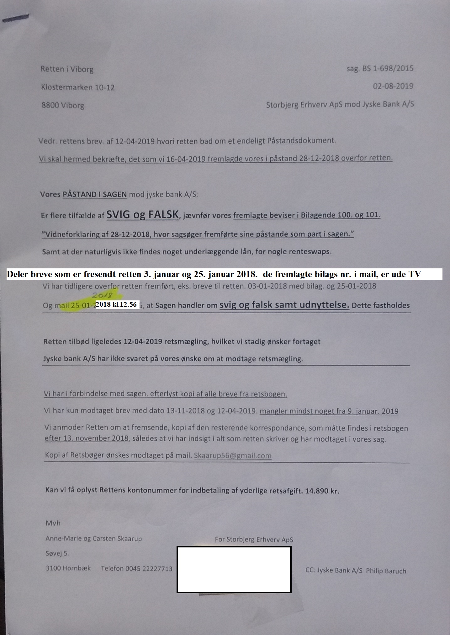Danemark est peut-être le plus grand scandale bancaire au cours de l'escalade. Nouveau scandale bancaire danois sous enquête, par le client lui-même, alors que d'autres avocats et banques se contentent de couvrir le petit dossier. Et cette fois, il ne s'agit pas de blanchiment d'argent, pour lequel les banques danoises sont déjà connues. Cette fois, il s’agit d’une fausse affaire de fraude avec la deuxième plus grande banque du Danemark, Jyske Bank. Dans cette affaire, les avocats danois Lundgrens sont profondément impliqués, en ce que l'allégation de fraude du client et le document faux contre Jyske Bank n'ont pas été présentés à la cour, avant que le client ait lui-même dû présenter des preuves et des allégations à la cour, en octobre. 28 Et pourquoi la fraude de la Jyske Bank, dirigée contre leur petit client, n’a pas encore été arrêtée, après 11 ans de fraude. Qu'est-ce que Lundgrens pense de nos allégations et des preuves contre la banque Jyske de la poursuite pour fraude? Dan Terkildsen a déclaré le 13 août que le conseil d'administration de la banque Jyske n'était coupable de rien. Les Lundgrens n'ont pas un commentaire à formuler sur nos revendications. ? C'est très étrange? POURQUOI ?. Après avoir été découvert à Lundgrens, il travaille depuis un mois pour la banque Jyske et pour l'accusé Jyskebank, au moins depuis avril 2018. Et Dan Terkelsen a laissé son client croire que Lundgrens était son avocat, mais dans le même temps, les avocats de Lundgren ont également reçu un million de frais de travail pour la Jyske Bank. Il semble fort probable que la banque Jyske ait soudoyé Lundgrens pour qu'elle se présente devant un tribunal sans présenter les demandes du client à l'encontre de la banque Jyske, juste pour perdre l'affaire. Souhaitez-vous dire au directeur de la direction du groupe, Anders Dam, que nous ne voulons pas être trompés? Nous souhaitons simplement rencontrer le président, Anders Christian Dam, et les adultes s’entretenir, car ce n’est pas la bonne façon de mener des activités bancaires équitables. Et nous n'avons aucun intérêt à écrire quelque chose qui soit faux. La question en cour est de savoir si nous avons raison et si nous pouvons prouver que nous avons raison. Que veut dire Lundgrens? tu ne nous l'as jamais dit. N'hésitez pas à laisser un commentaire sur Facebook, Twitter pour les mises à jour. S'il vous plaît appelez os à +45 22 22 77 13 si vous souhaitez des informations complémentaires. En voir plus sur banknyt Lien www.BANKNYT.dk La Chase BS-402/2015-VIB Il ne s'agit que d'un appel au dialogue, comme lorsque nous avions écrit pour la première fois en mai 2016 à l'ensemble du conseil d'administration de la Jyske Bank. Cordialement de Storbjerg Affaires Soevej 5 3100 Hornbaek
